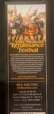 Mn Minnesota Renaissance Fair Ticket 2026 *  1/2 Price Free S&H
