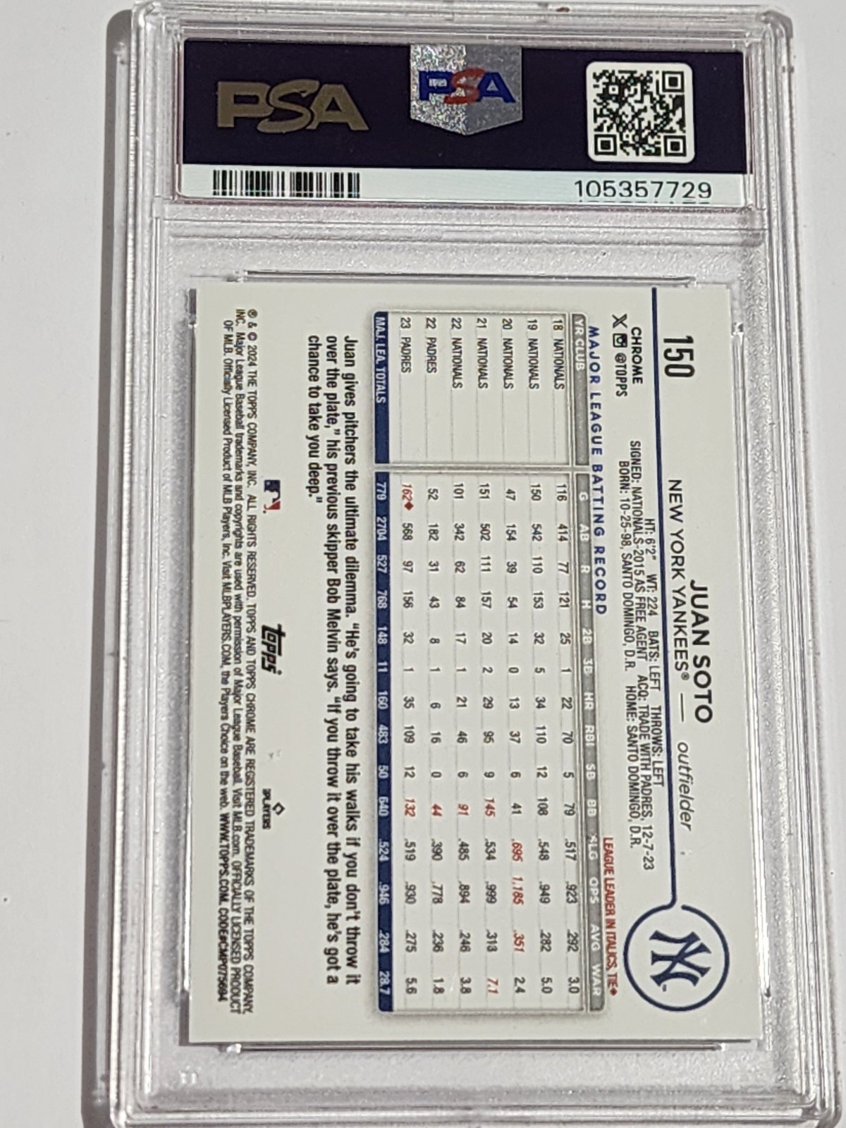 2024 Topps Chrome Jaun Soto Sepia Refractor PSA 10 view 2