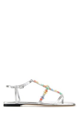 JIMMY CHOO Daisy Flower Summer Silver Leather Flat Sandals New & Authentic