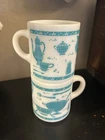 Vtg Lot 2 HAZEL ATLAS KITCHEN AIDS MUG Platonite White Turquoise Blue Milk Glass