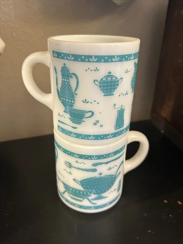 Vtg Lot 2 HAZEL ATLAS KITCHEN AIDS MUG Platonite White Turquoise Blue Milk Glass