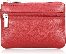 Red Small Leather Coin Purse with Zipper & Key Ring, Mini Change Pouch for Women