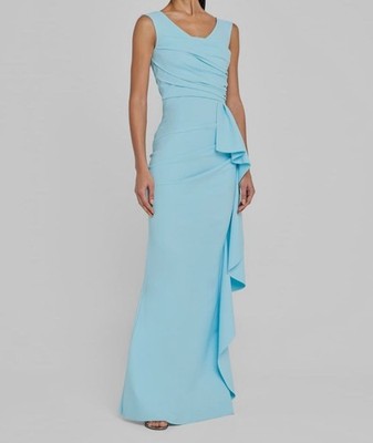 Chiara Boni Women's Blue Sozen Jersey Ruffled-Trim Maxi Gown Dress Sz 44