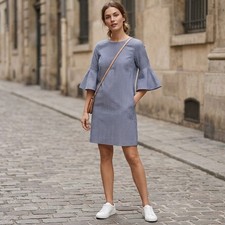J.Crew Striped Bell Sleeve Shift Dress Womens 0 Blue White Cotton Coastal Preppy
