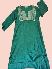 Vintage 1970  s Indian Cotton Caftan Maxi Mirror Embroidered Yoke XL Split Tunic