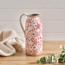 Stoneware Toile De Jouy Soft Pink Jug Vase with Handle