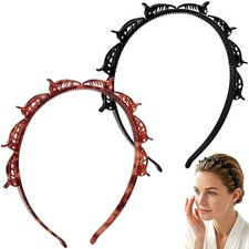 2pcs Clip Bang Headband for Women, Multi Layer Toothed Braid Black  Brown-2pcs