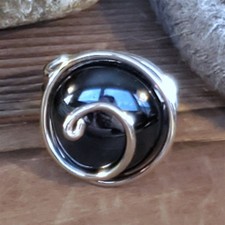 Handcrafted Edgy Opaque Black Silver Spiral Luster Glass Bauble Ring