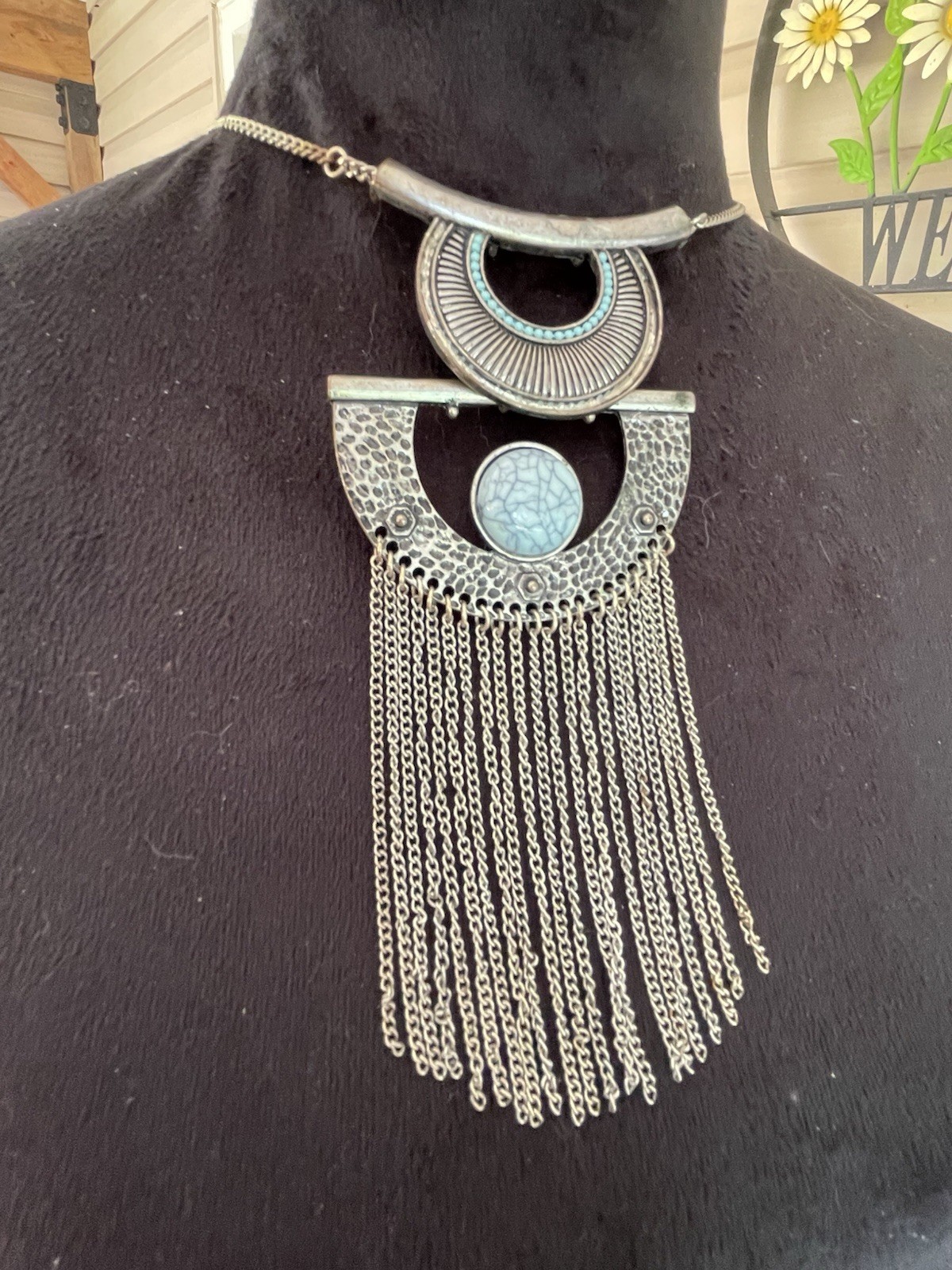 Silvertone statement necklace bold chains turquoi… - image 2