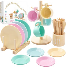Kids Wooden Play Dishes Set -27Pcs Montessori Play Kitchen Accessories Plates an