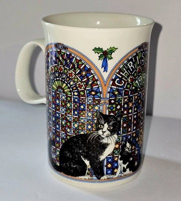 VTG Dunoon Scotland Cup Mug Cat Stain Glass Windows 1992 Free Cat Framed Picture