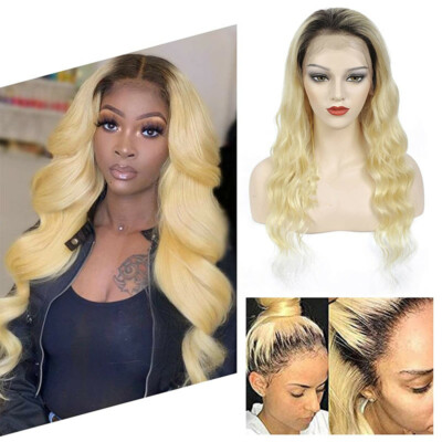 Light Blonde Body Wave Wigs Lace Front Wig Natural Line Glueless Black Roots USA