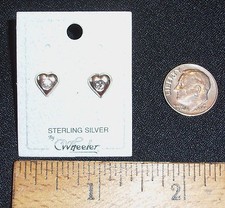 DAINTY STERLING SILVER HEART PIERCED STUD EARRINGS W/CLEAR CRYSTALS