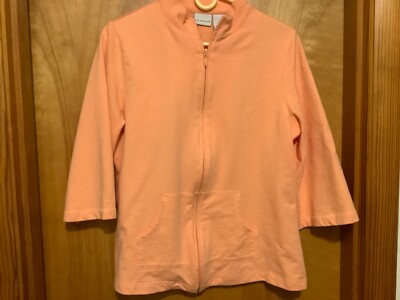 Kim Rogers Women's Coral Orange Full Zip 3/4 Sleeve 100% Cotton Jacket Large