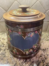 Wood SUGAR Bucket Cookie Jar Lid Vintage 1993 Artist Signed Country Kitchen