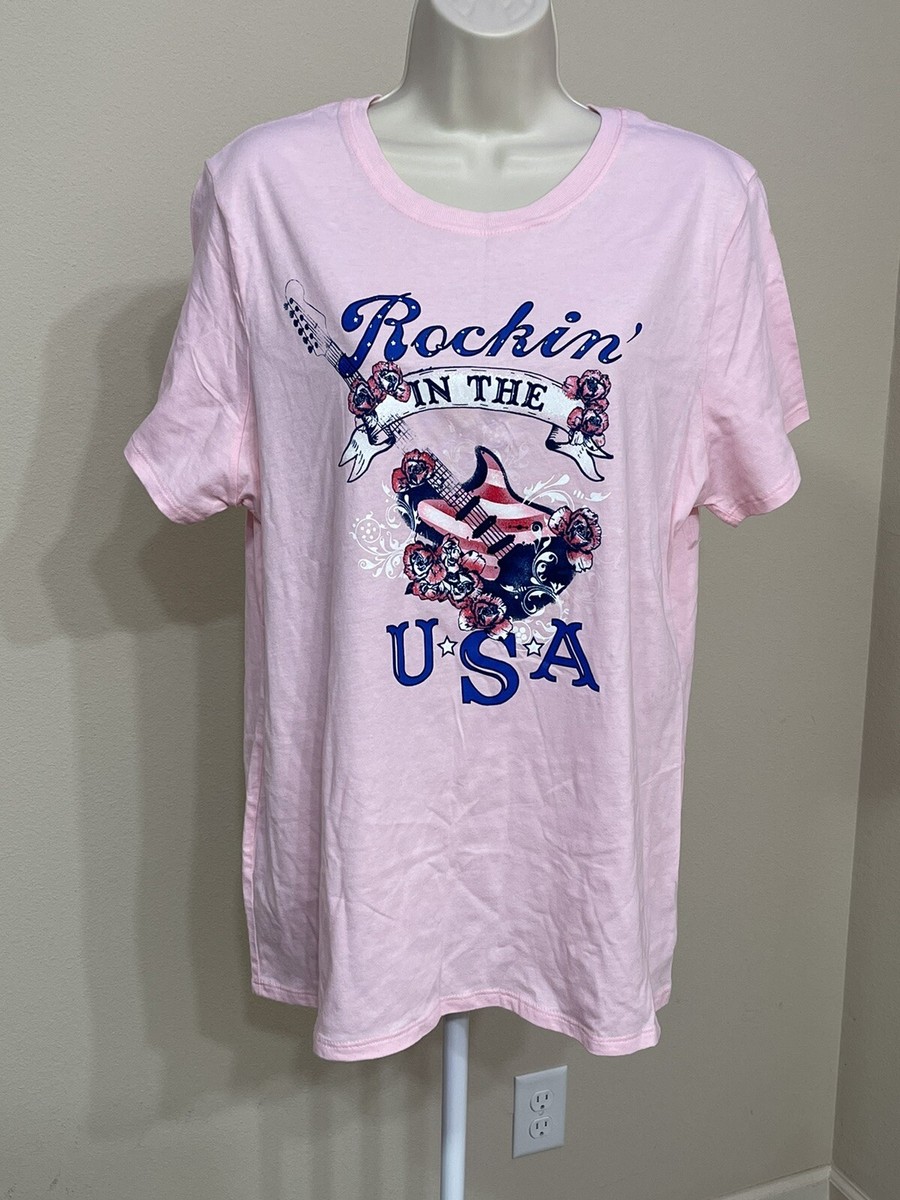 m♡ Women's Pink Logo “Rockin in the USA” Crew Neck T-Shirt s 1X(16W