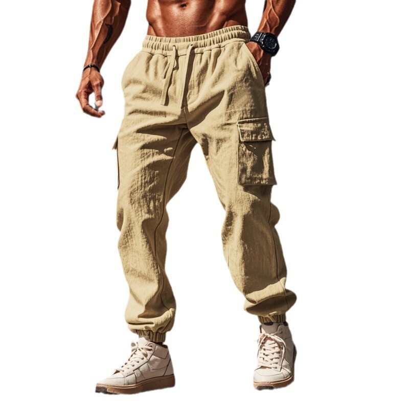 Cargo Pants Casual Men's Drawstring Multi-pocket Thin Linen Blend Sport Trousers