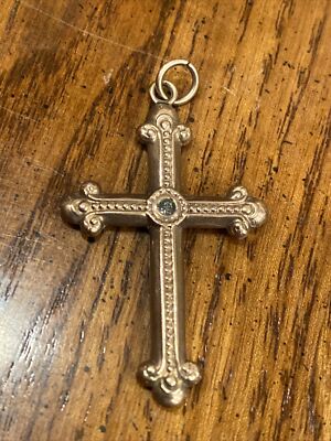 Vintage Rose Gold Toned Metal Beaded Design Light Blue Stone Cross Pendant 1.5 