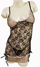 BLACK STRETCH LACE BABYDOLL CHEMISE MATCHING THONG, ONE SIZE UK 10-12, LL013