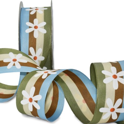 5 Yards White Daisy Flower Blue Brown Green Ivory Striped Ribbon - 1.5''W