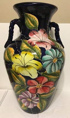 Mexican Vase Talavera Blue Majolica Pottery Large 22 Folk Art Pot