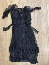 Antique 1900s Edwardian Mourning Black Net Dress with Jet Beading