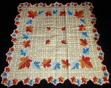 Vintage Hankie Leaves Shades of Brown and Blue Gold Scroll Accent Scalloped