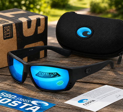 Costa Del Mar Tuna Alley Matte Black Frame Blue Mirror Polarized 580P Sunglasses