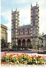 Postcard Canada Montreal Quebec Notre Dame Basilica Church Flowers Bus Cars