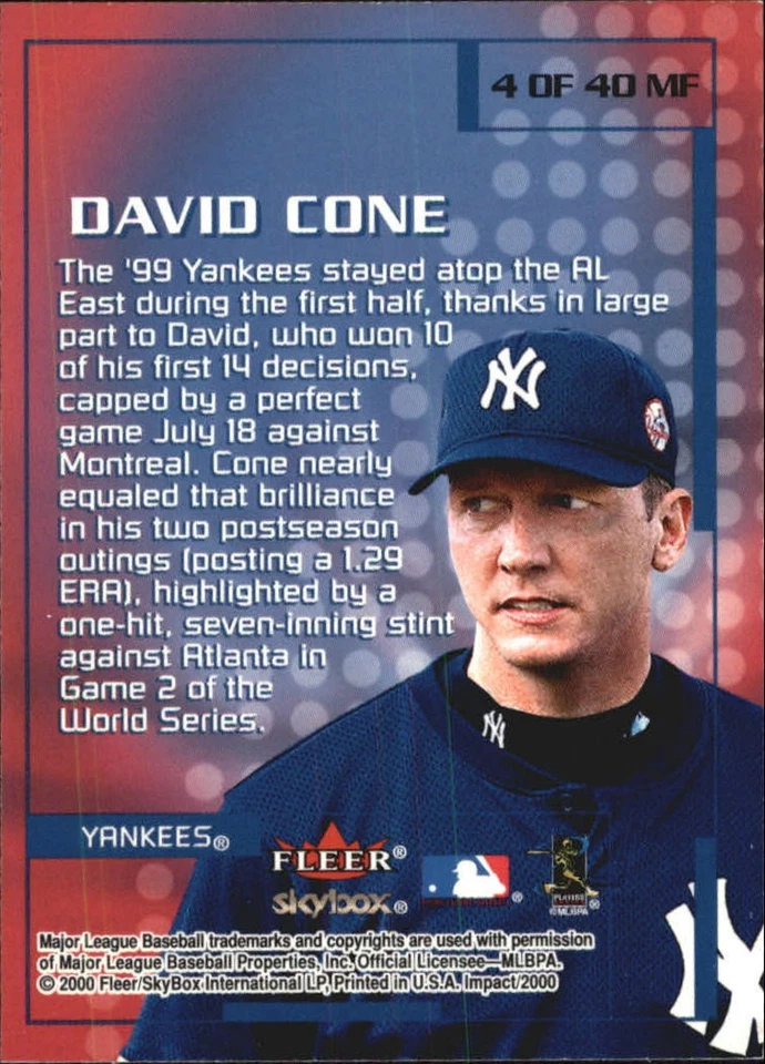 2000 Impact Mighty Fine in '99 #MF4 David Cone - BB - Image 2 of 2