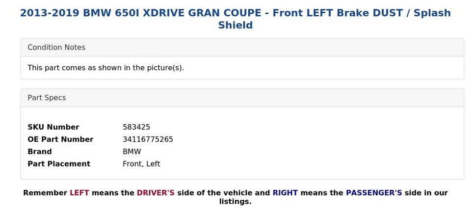 BMW 650I XDRIVE 2013-2019 GRAN CUPÉ - Freno delantero izquierdo protector contra polvo/salpicaduras Foto 4 de 4