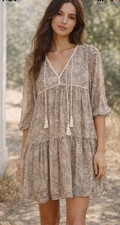 Christy Dawn Phoenix Silk Beige Brown Paisley Mini Dress XS/S 18.5 in p to p