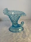 Vintage Fenton glass blue opalescent hobnail cornucopia candle holder 6” Tall