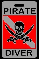 Lo-Viz Gray PIRATE DIVER w/ Skull/Crossed Swords SCUBA Diving Gear Bag Tag