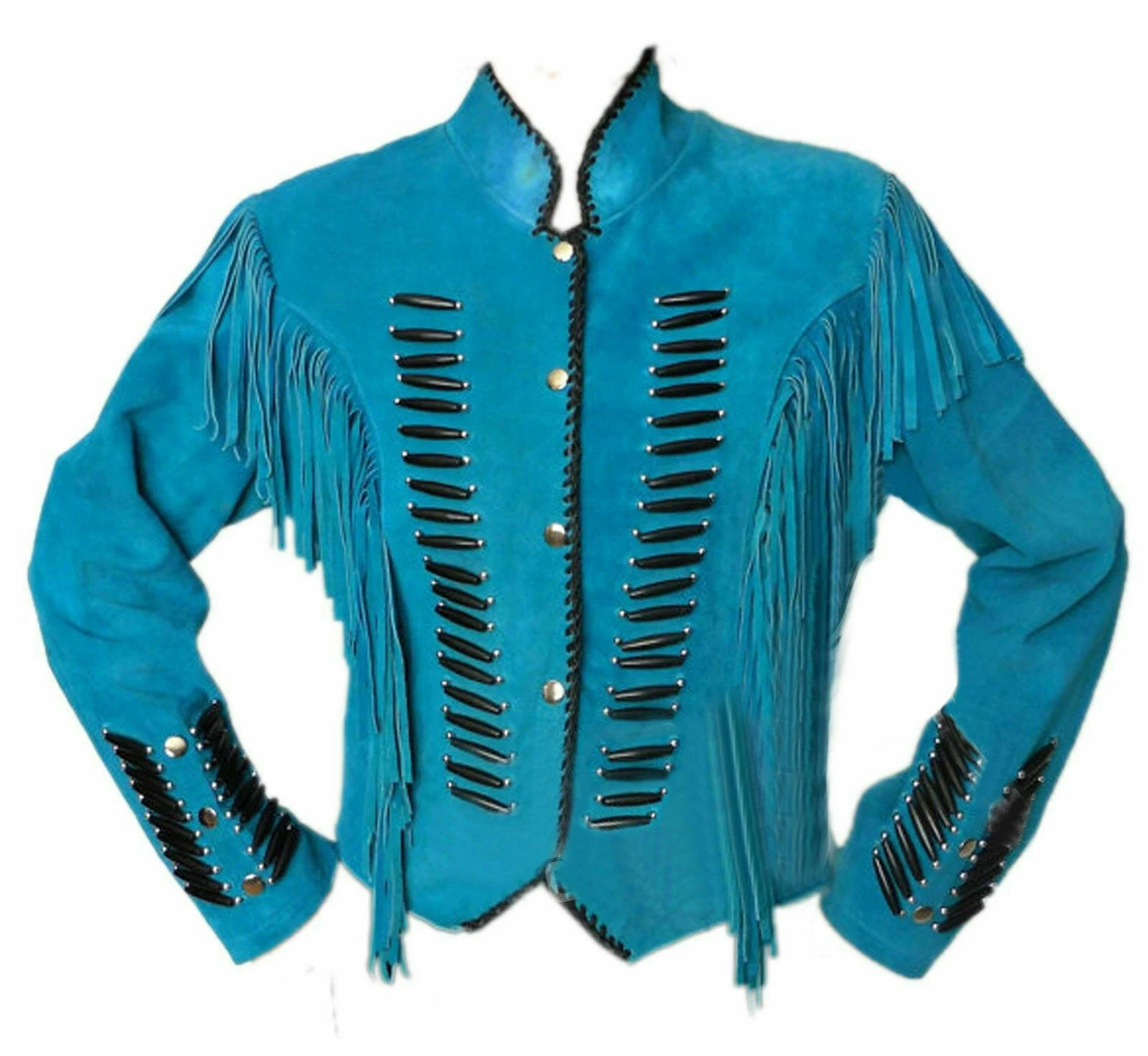 Men's American Western Cowboy Style Blue Suede Leather Jacket Fringe Black Bones