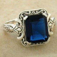 ANTIQUE STYLE 925 STERLING SILVER 2.6 CT SIMULATED SAPPHIRE RING      1132Z