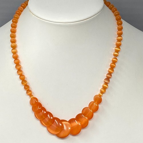 Cats Eye Necklace Graduating Orange Disc Bead Iridescent Collar Vintage 18"
