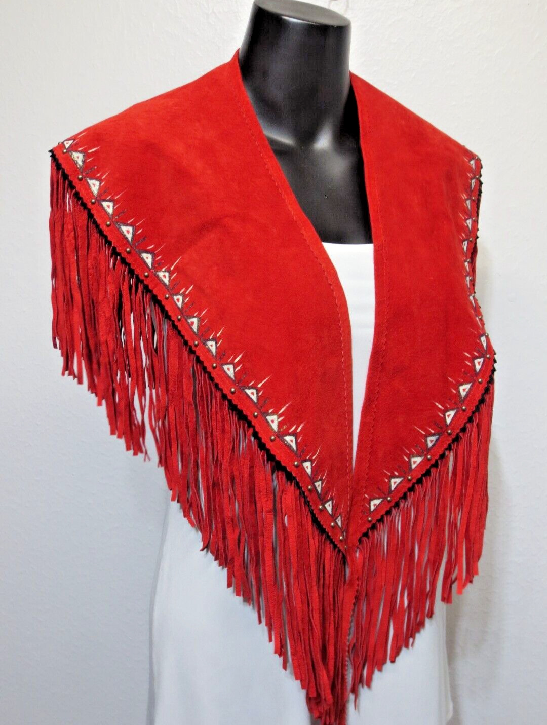 Patricia Wolf Hand Painted Red Leather Fringe Col… - image 3