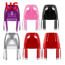 Women Mini Skirt High Waist Latex Garter with 6 Straps Metal Clip Holder Belt