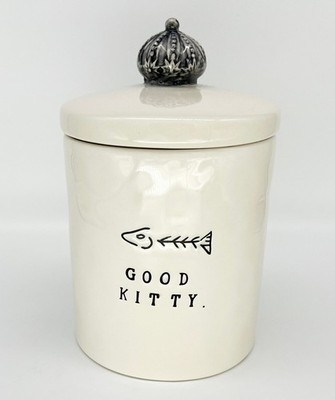 Rae Dunn Magenta Ceramic Treat Jar Canister GOOD KITTY  Fish Bone Cat Rare RET.