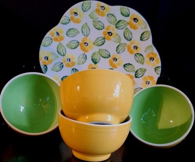 Ceramiche ALPA & Ancora Italian Hand-Painted Yellow Green Floral Plate &Bowl Set