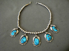 Native American Navajo Morenci Turquoise Sterling Silver BenchMade Bead Necklace