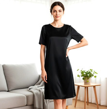 Women's Pure Mulberry Silk Boat Neck Slip Dress Short Sleeve Sleepwear Nightwear