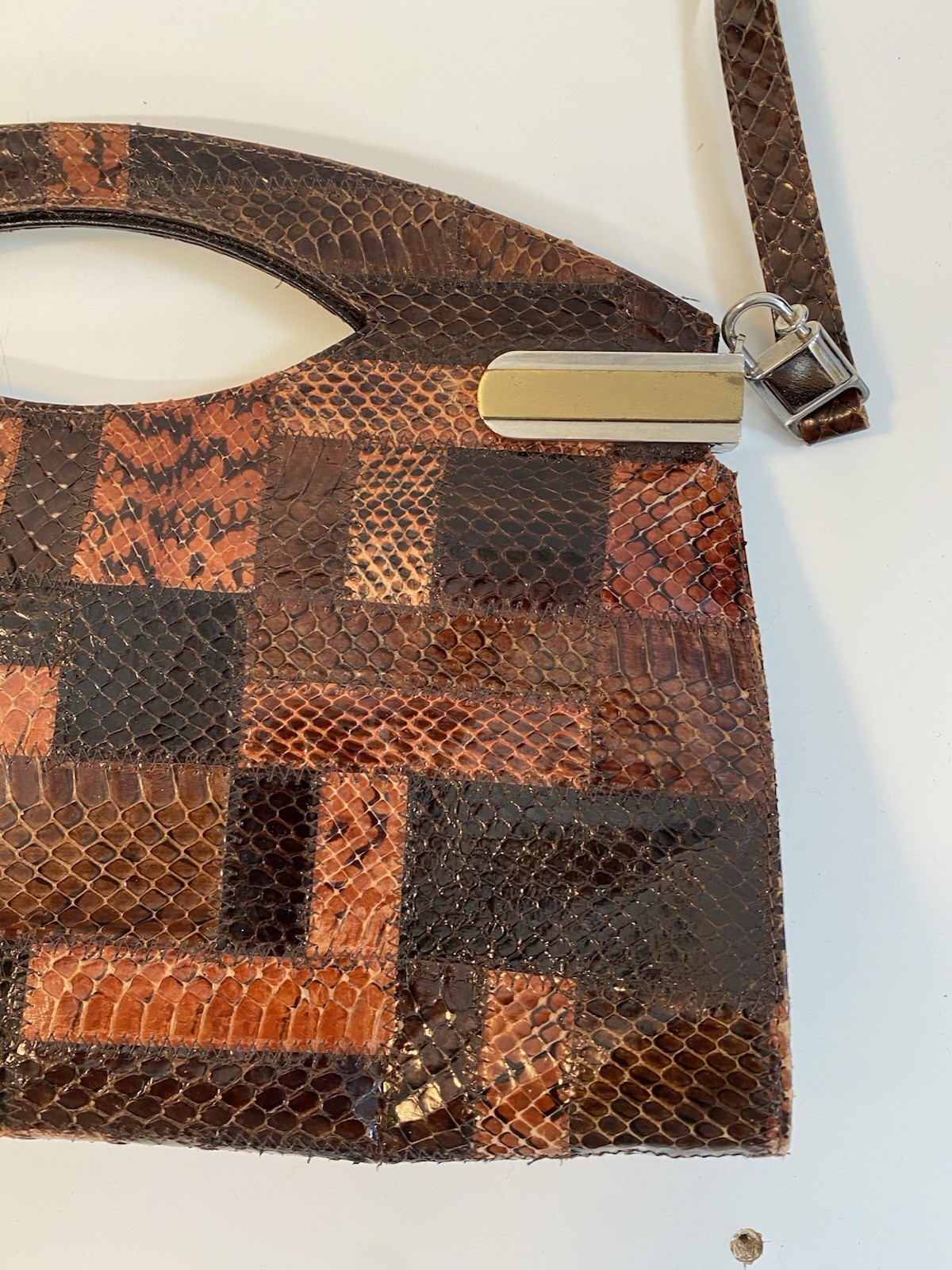 Vintage Python Snake Leather Patchwork Shoulder B… - image 5