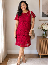 SHEIN Red Floral Lace Sheath Dress Knee Length Short Sleeve Cut-Out Zip EU 40