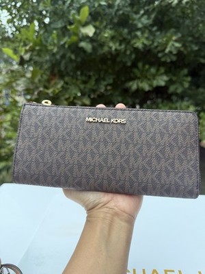 Michael Kors Wallet Quarter Zip Brown Signature Mk Logo Wallet
