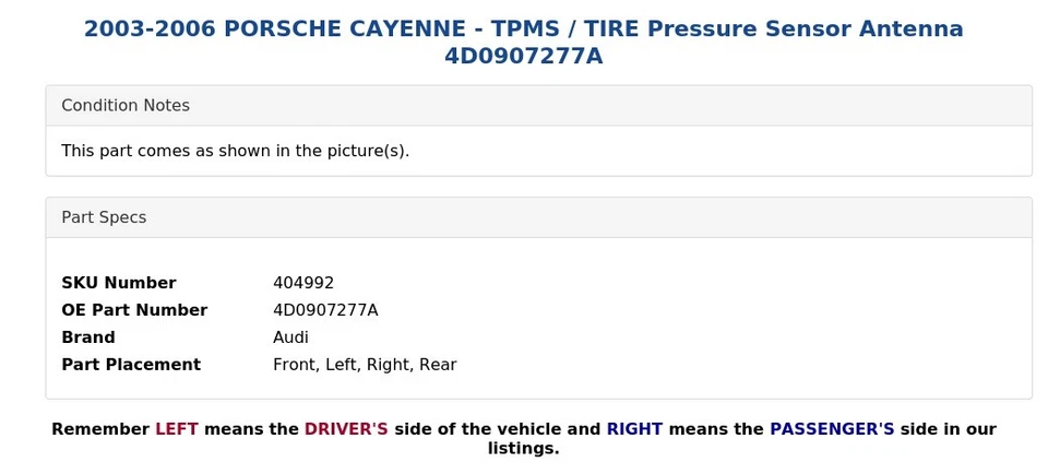 Antena sensor de presión para Porsche Cayenne 2003-2006 - TPMS / NEUMÁTICOS 4D0907277A Foto 3 de 4