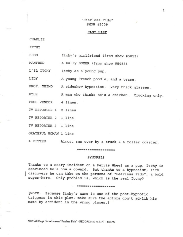 All Dogs Go To Heaven Original Recording Script #5009 "Fearless Fido" 5/15/1997