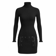 Black Knit Sweater Dress, Turtleneck, Button Zipper Accents, Long Sleeve, Mini
