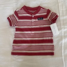 Infant Boys RALPH LAUREN NWT Red/White Striped Short Sleeve Shirt Size 9 Mos